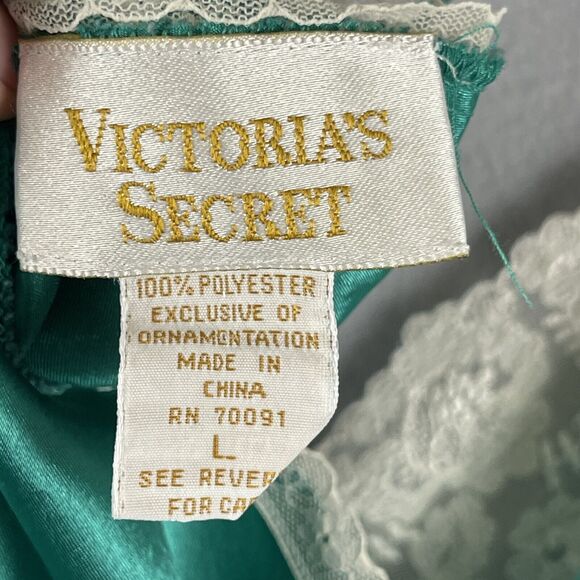 Vintage Victorias Secret Nightie Womens Large Green Satin Lace Gold Label Fairy - Picture 10 of 13